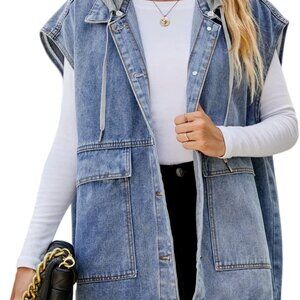Women's Oversized Denim Vest Mid Long Jean Vest Sleeveless Jackets Distressed Ve